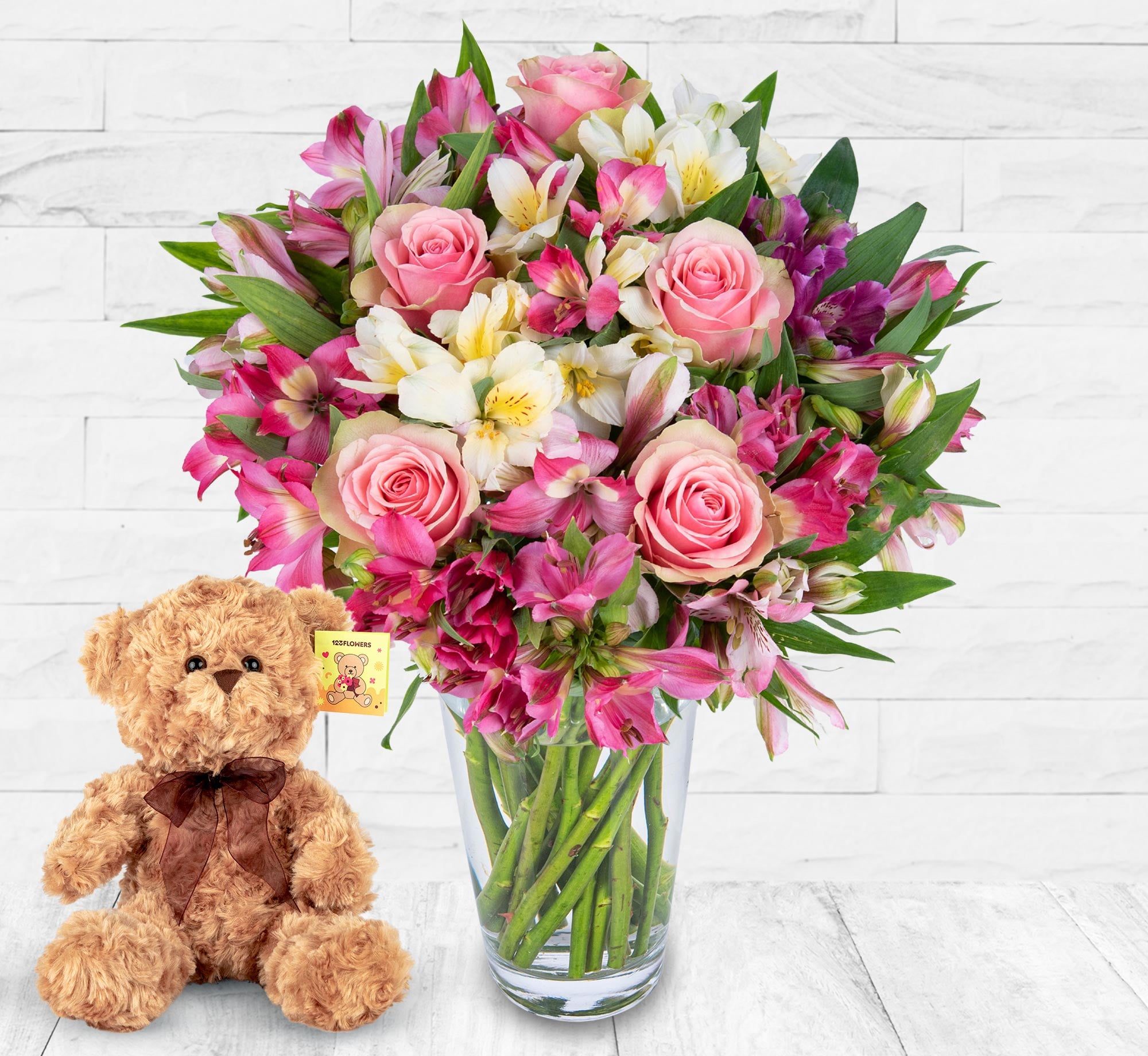 Peruvian Lily & Rose with Bear